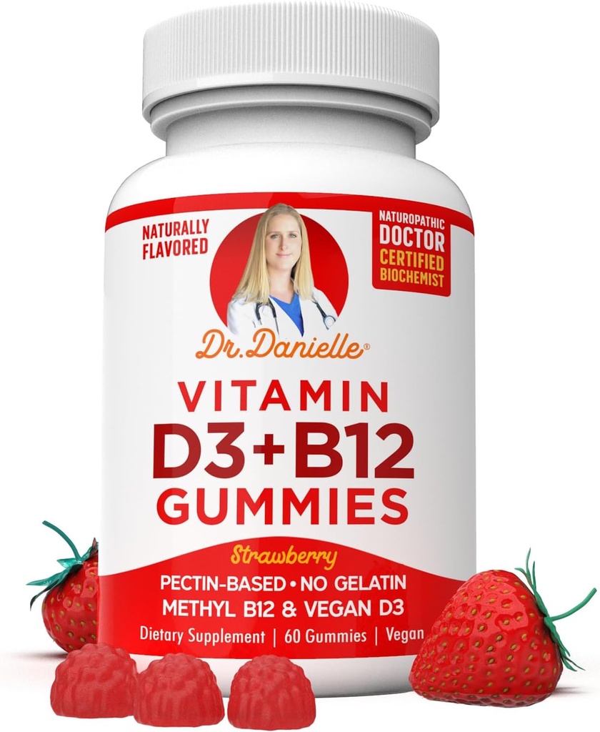 Vitamin D3, B12 Gummies by Dr. Danielle, Vegan Daily Supplement for Adults & Kids, Non-GMO, Vitamin D3 1000 IU & 250 mcg Vitamin B12, 2 Month Supply (60 Gummies)