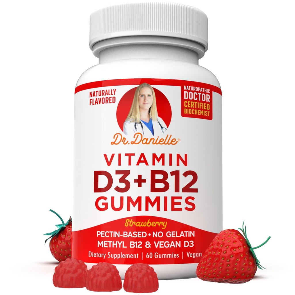 Vitamine D3, B12 Gummies par Dr Danielle, Supplément quotidien végétalien pour adultes et enfants, non-OGM, Vitamine D3 1000 UI et 250 mcg Vitamine B12, 2 mois d'approvisionnement (60 Gummies)