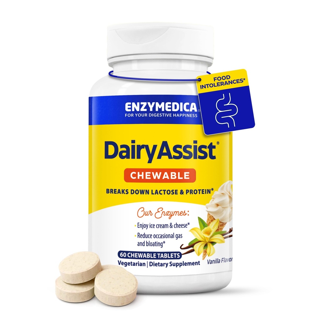 Enzymedica DairyAssist Chewable, 2-in-1 Verdauungsenzyme für Dairy, Lactose und Casein Digestion, Fast-Acting-Formel für Gas und Bloating Relief, 60 Kautabletten