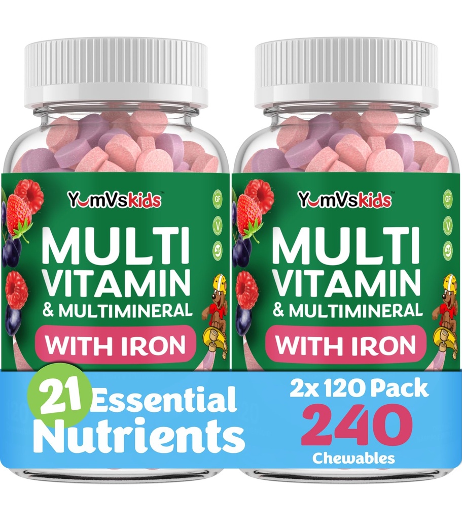 Multivitamine YUM-V'S pour enfants avec fer - Multivitamine à croquer pour enfants - Vitamines + supplément de fer - Vitamines pour enfants de 2 ans+, casher, halal, sans gluten 120 (paquet de 2