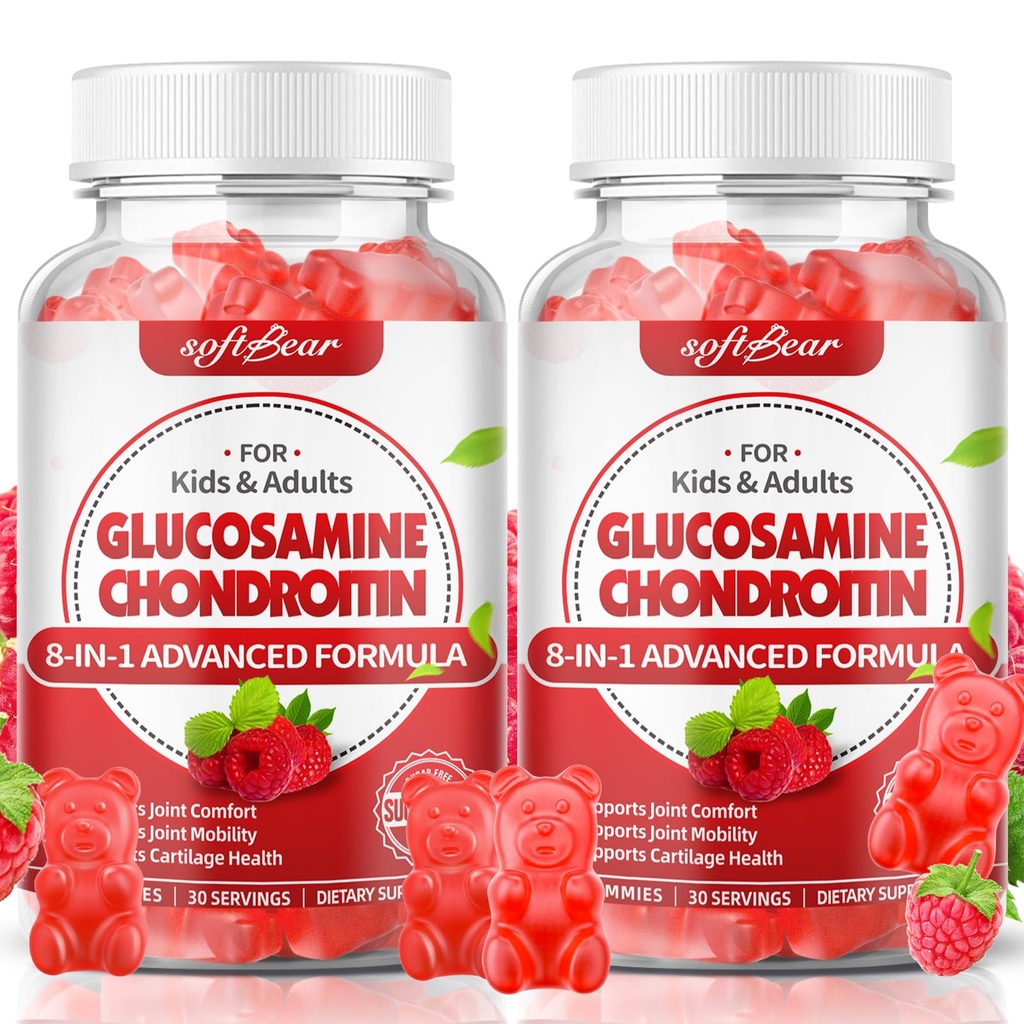 softbear Glucosamine Chondroitin Gummies Sugar Free, Extra Strength Glucosamine Chondroitin Supplement for Natural Joint Support, Raspberry Flavored 120 Count