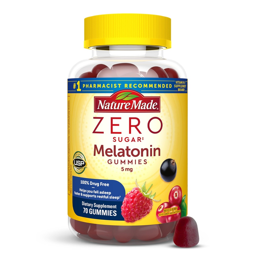 Nature faite Zéro sucre Mélatonine 5mg Gommies de sommeil pour adultes Extra force, 100% sans médicament aide au sommeil, sans aspartame, 70 Gommies sans sucre Mélatonine, 70 jours d'approvisionnement
