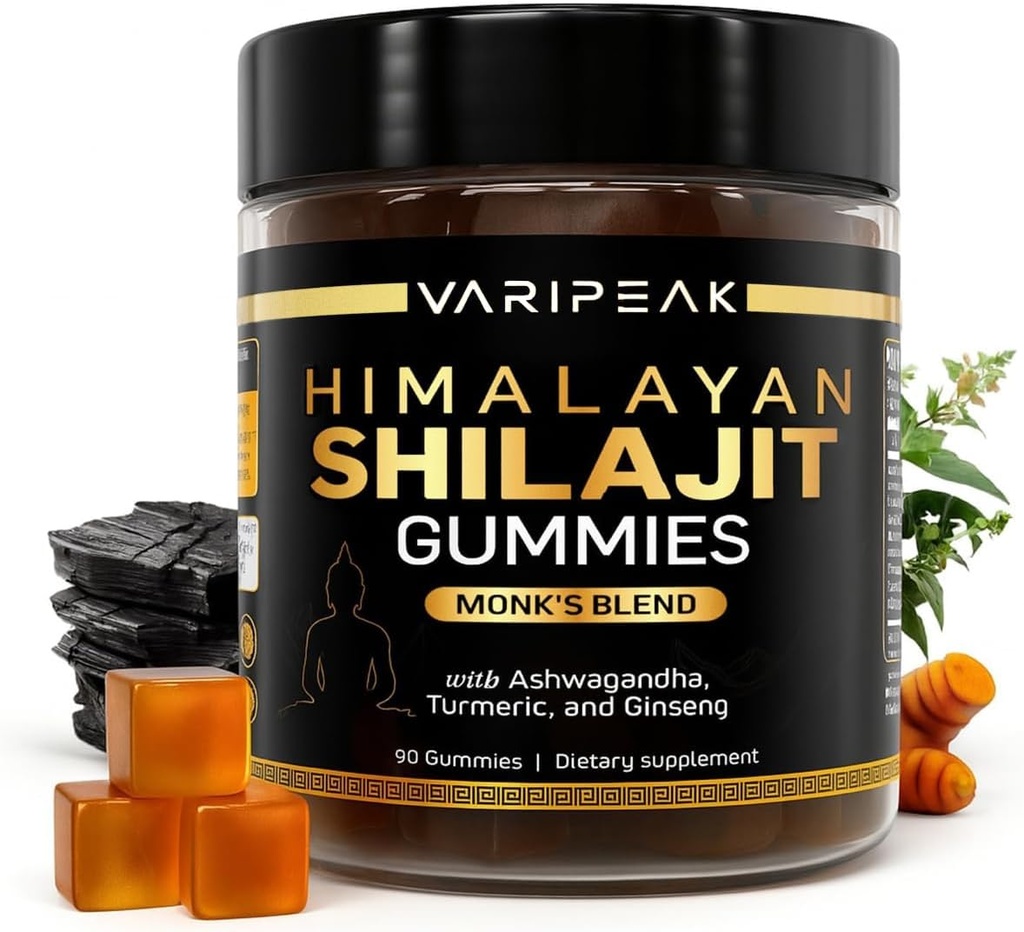 4-in-1 Organic Himalayan Shilajit Gummies | mit Ashwagandha, Turmeric, & Ginseng | Adaptogen for Energy, Immunity & Vitality Support | Organic, Vegan, Sugar-Free | 90 Count | für Männer & Frauen