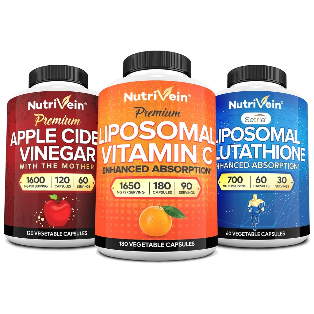 Nutrivein Premium Liposomal Glutathione, Apfelessig Kapseln, & Vitamin C Ergänzung Bundle: Vitamin C, ACV Kapseln, & Glutathione Ergänzung Bundle für Zelluläre Verteidigung & Detox