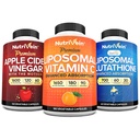 Nutrivein Premium Glutathion liposomique, Capsules de vinaigre de cidre de pomme et supplément de vitamine C: Vitamine C, Capsules de vinaigre de cidre et supplément de glutathion pour la défense cellulaire et la désintoxication