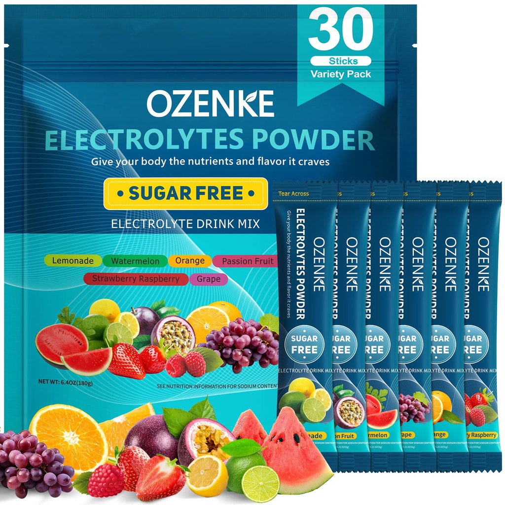 Elektrolyte Pulver-Packets, 30 Sticks Hydration Packets Sugar Free, Elektrolyt-Getränk-Mix Reise Elektrolyt-Packets für schnelle Hydration, 6 Flavors