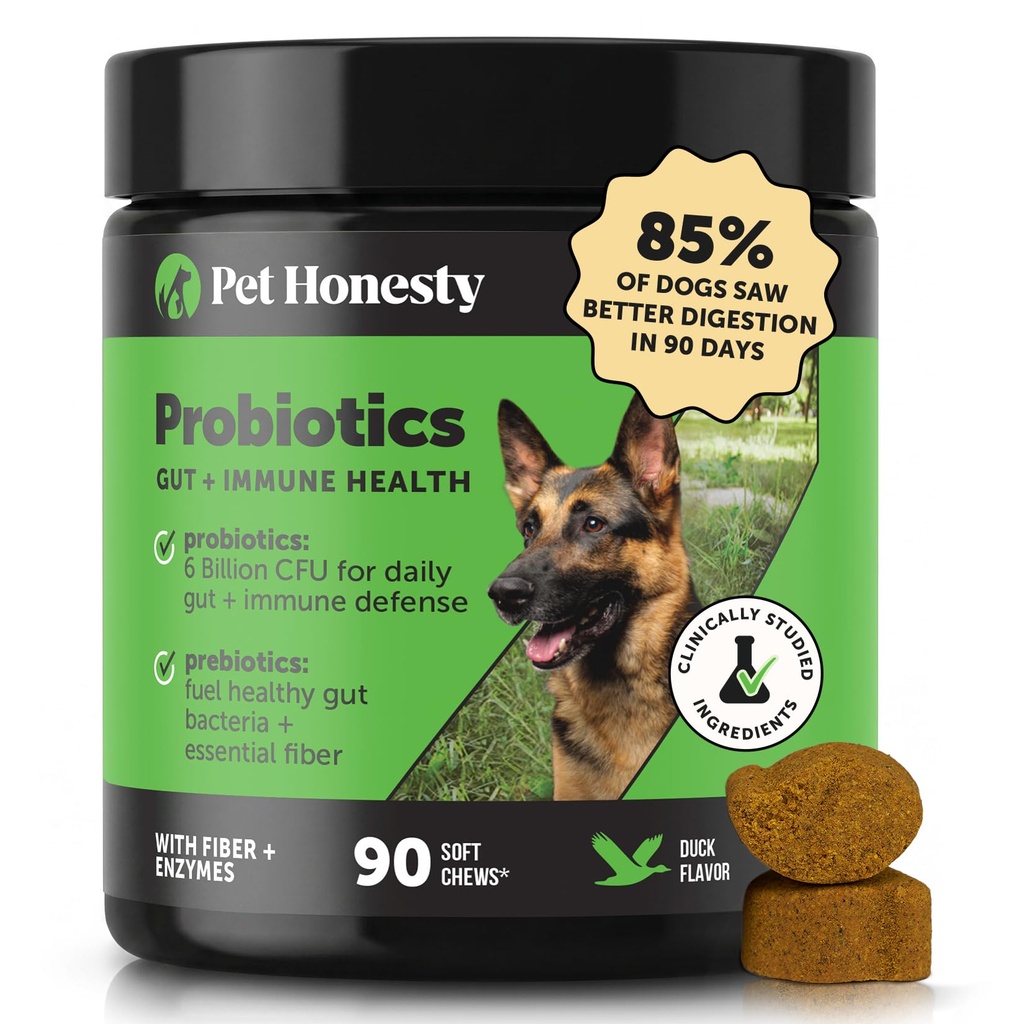 Animaux de compagnie Honnêteté Probiotiques pour chiens pour le soutien occasionnel de la diarrhée et du bowel, enzymes digestives avec prébiotiques pour la santé des chiens Gut, Immunity Health & Ditch Relief (Duck 90 ct)