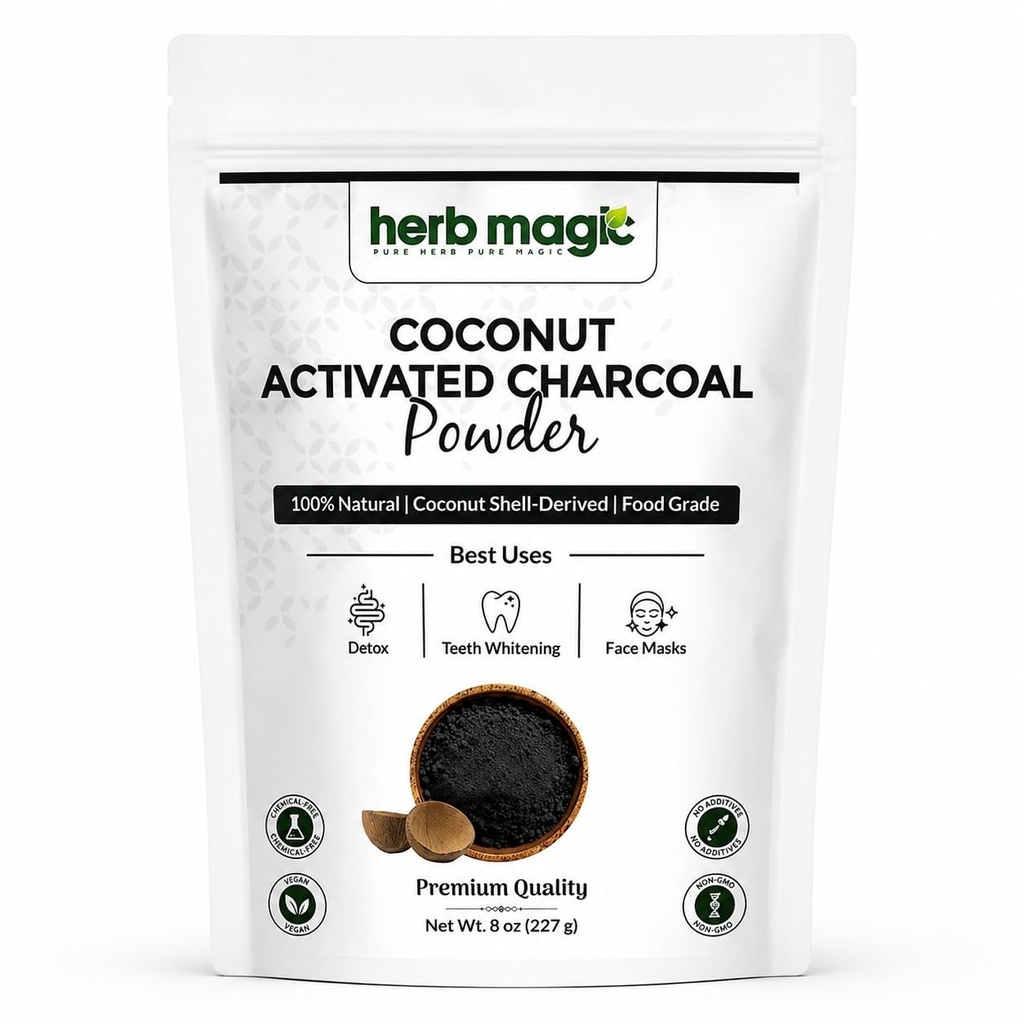 Herb Magic Activated Charcoal Powder, Food Grade Coconut Shell, 8 oz | Ultra-Fine Jet-Black Powder For DIY Masks, Tooth Polish & Soap Making. Coconut-Shell Derived, No Additives. Resealable.