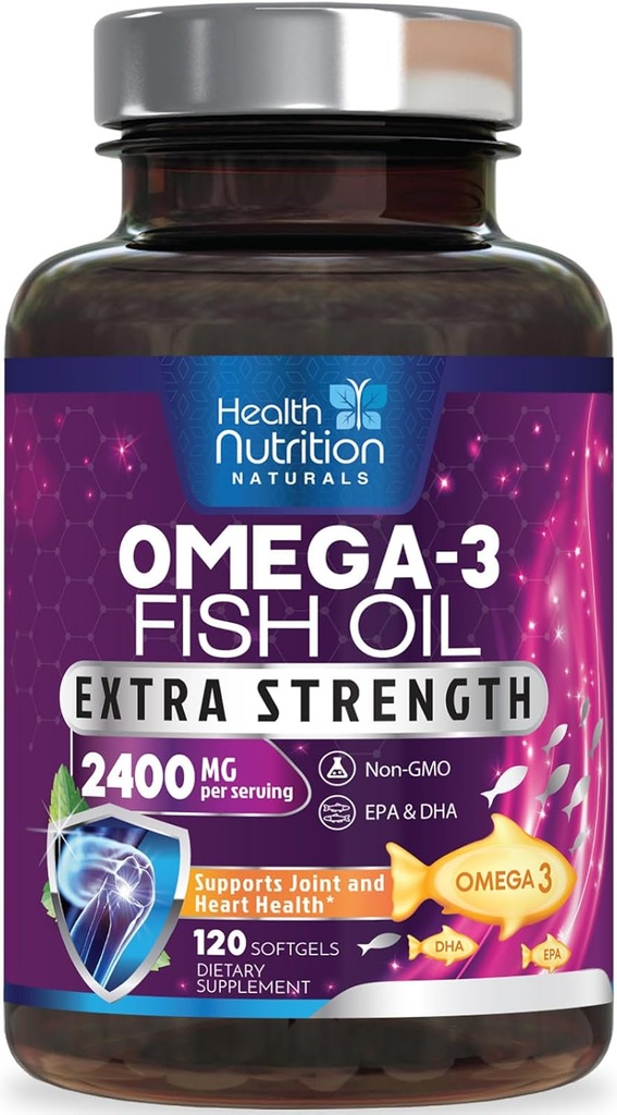 Omega 3 Fischöl 2400 mg - Dreifache Stärke Omega3, EPA & DHA-Fettsäuren-Ergänzung - Natürliche Unterstützung für Immun-, Herz- und Hirngesundheit - Wilde Gefangene, Non-GMO, Zitronen-Flamvor, Burpless - 120 Softgels