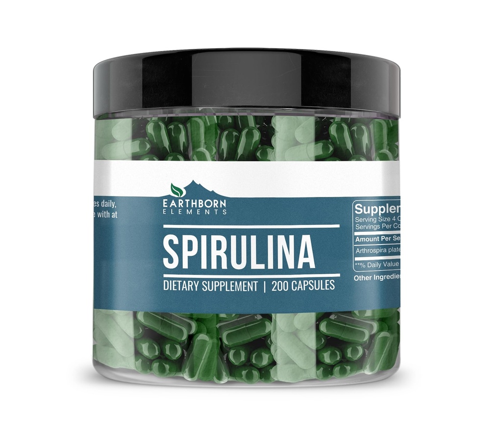 Éléments terriens Spiruline 200 Capsules, pures et non diluées, sans additifs