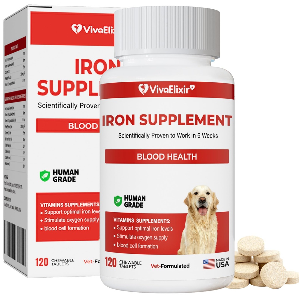 Iron Supplement for Dogs, – Supports Blood Health, Red Blood Cell Formation & Oxygen Supply, for Anemia, Vitamin C, Folate, Vitamin B12, Boost Energy, and Improve Blood Circulation, 120 Tablets