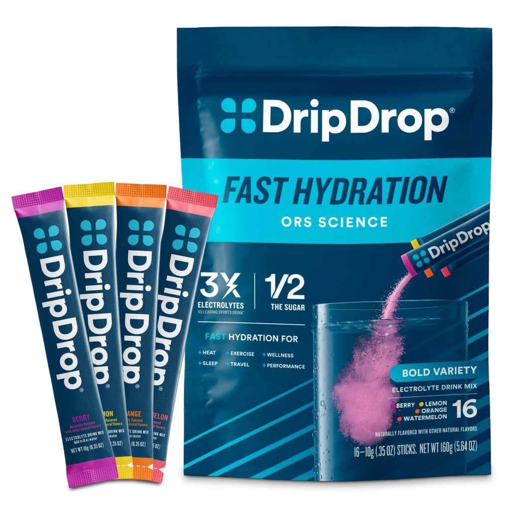 Paquets d'hydratation DripDrop - Paquet de variétés froides - Mélange de poudre d'électrolytes à usage unique - pastèque, baie, citron, orange - Non-OGM, sans gluten, végétalien - 16 bâtonnets