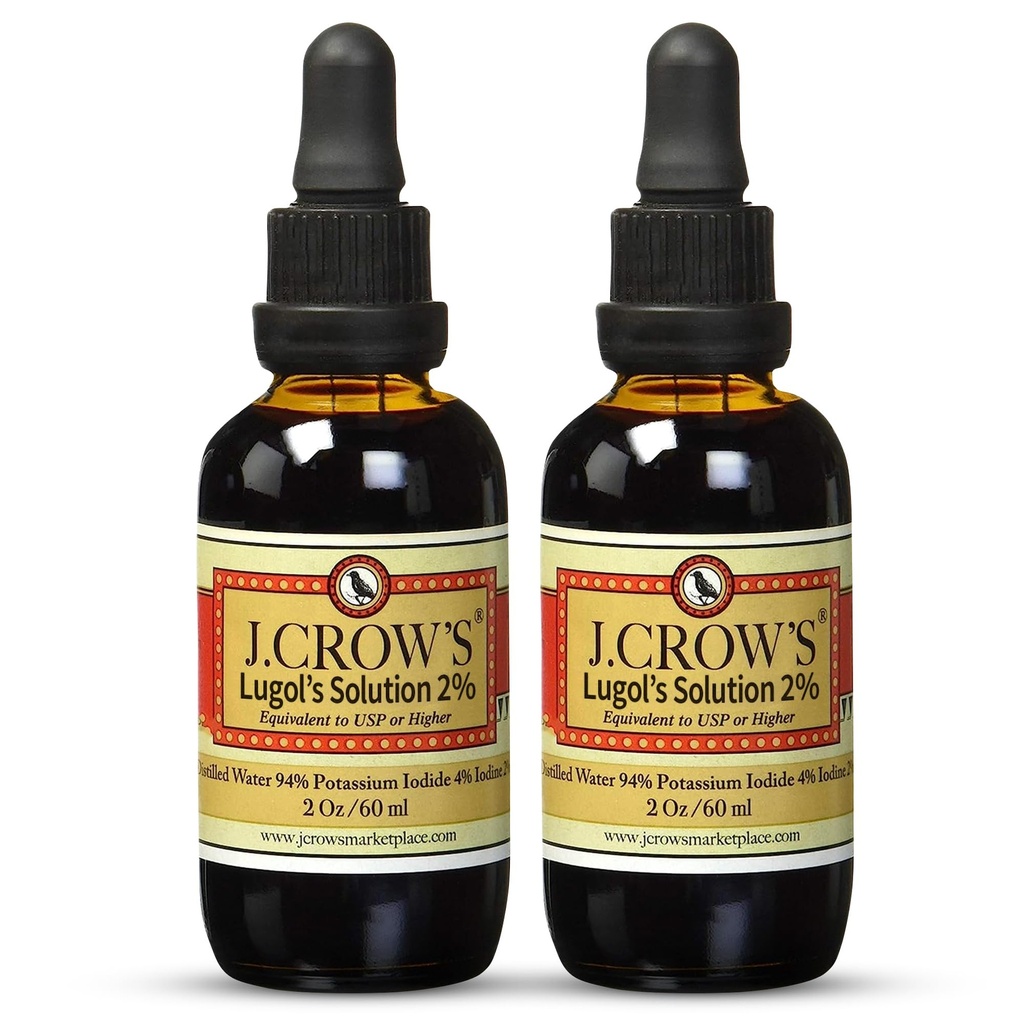 J.CROW'S® Lugol's Lösung von Iodin 2% 2 oz (2 Flasche) – Premium-Iodin & Kalium-Iodidflüssigkeit, Gluten &, Alkoholfreier natürlicher Brine-Extrakt, keine Expiration