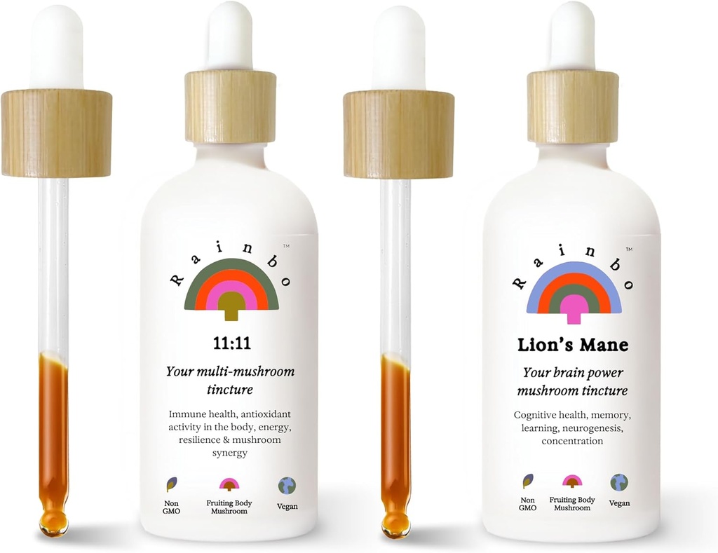 Rainbo Fan Favorite Bundle, 11:11 Mehr Pilz-Extrakt + Lion's Mane Mushroom Tincture, Dual Extract Tägliche Pilz-Tinkturen für umfassende Immununterstützung, Vegan Liquid Mushroom Supplements
