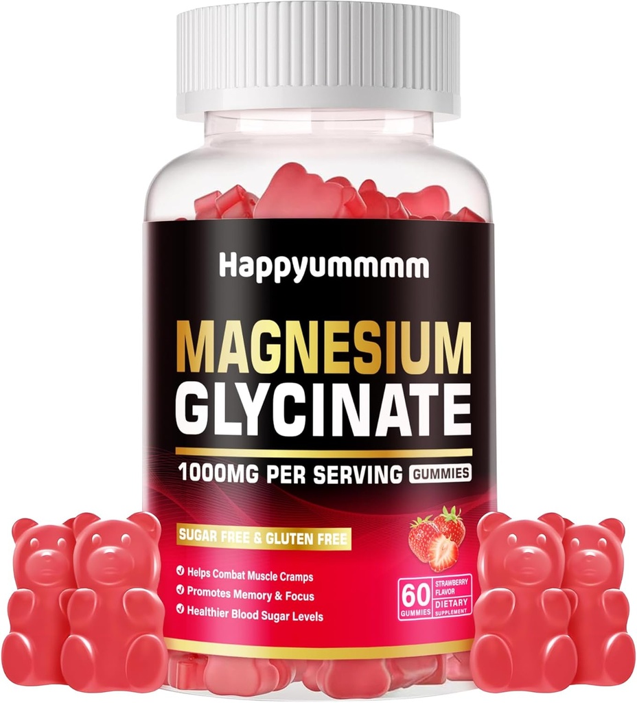 Magnesium-Glycinat-Gummien 1000mg - Zuckerfreie Magnesium-Kalium-Ergänzung mit Vitamin D, B6, CoQ10 für Kalm-Mood & Schlaf-Unterstützung - 60 Erdbeer-Gummien.