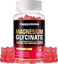 Glycinat de magnésium Gommies 1000mg - Supplément de potassium de magnésium sans sucre avec vitamine D, B6, CoQ10 pour l'humeur calme et le soutien du sommeil - 60 Gommies de fraise.