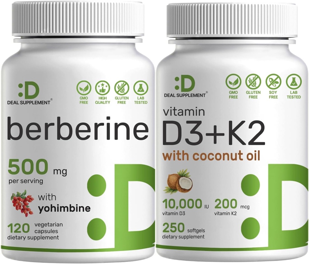 DEAL SUPPLEMENT Vitamin D3 10.000iu + K2 200mcg Softgels & Berberine Ergänzung mit Yohimbine Bundle – Essential Sunshine Vitamins mit Kokosöl – Hohe Absorption Hydrochlorid HCl Formen