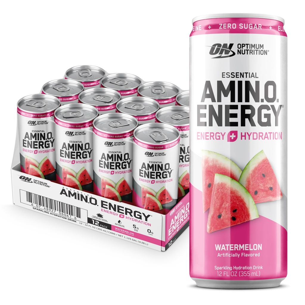 Optimum Nutrition Amino énergie scintillante boisson d'hydratation, électrolytes, caféine, acides aminés, BCAAs, sans sucre, pastèque, 12 Fl Oz, 12 Pack (emballage mai Vary)
