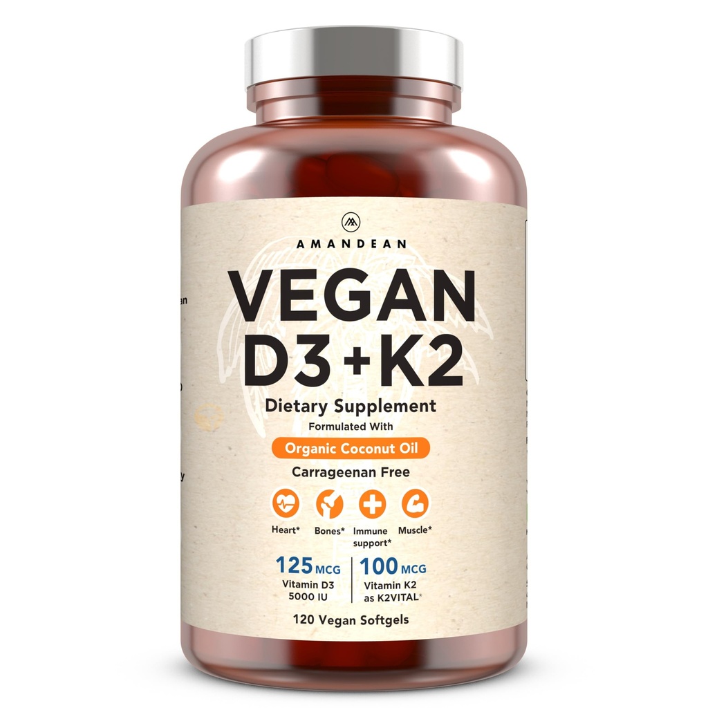 AMANDEAN Vegan Vitamin D3 K2. 5000 iu aus Algae. All-Trans MK-7. 120 Softgels. Pflanzen-Based & Carrageenan Free. Organic Coconut Oil Blend. für Mood, Knochen, Herz, Immune Gesundheit (Packaging Mai Vary)