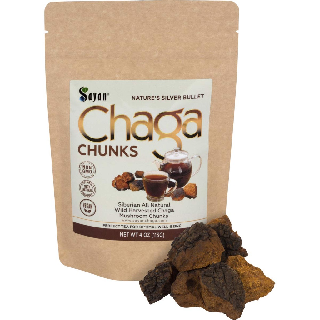 Sayan Siberian Pure Raw Chaga Mushroom Chunks mit Black Top Crust 4 Oz / 113 g – Premium Wild-Harvested Antioxidant Tee für Immununterstützung, Fokus und Verdauungsgesundheit - Non-GMO