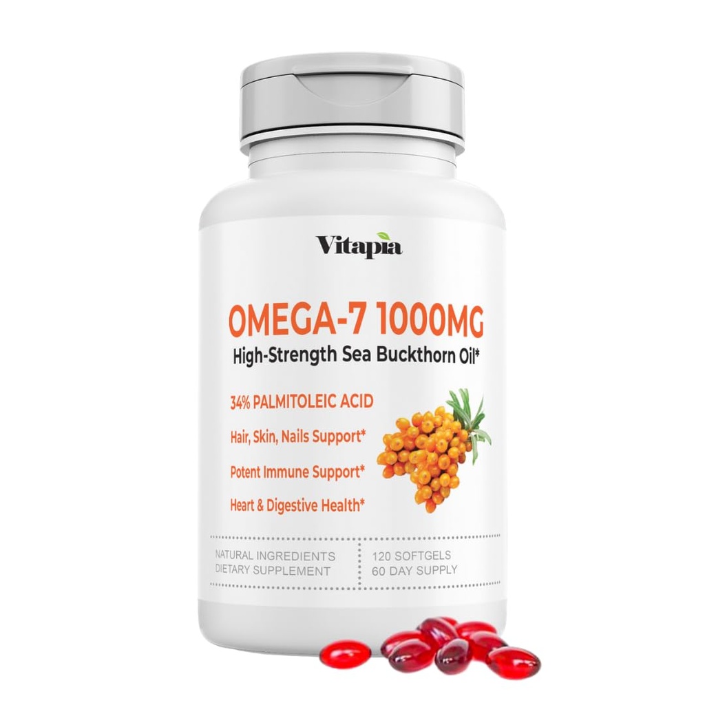Vitapia Omega 7 Sea Buckthorn Berry Oil 1000mg pour les cheveux, la peau, les ongles, la santé cardiaque Support - 34% Palmitoleic Acid & Natural Omega 3 6 9 Supplément acides gras - 120 Capsules, Non-OGM, Sans gluten