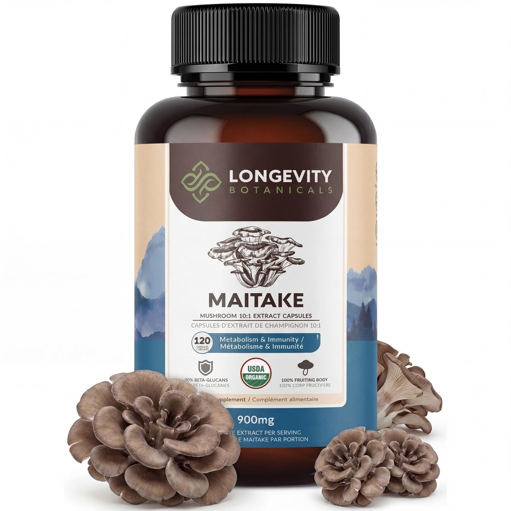 Langlebigkeit Botanicals Organische Maitake Pilz Extrakt Kapseln (120) | Konzentriert 10:1 Ratio | 100% Fruchtkörper | Grifola frondosa Natürliche Ergänzung für Gut Gesundheit und Immunität Unterstützung