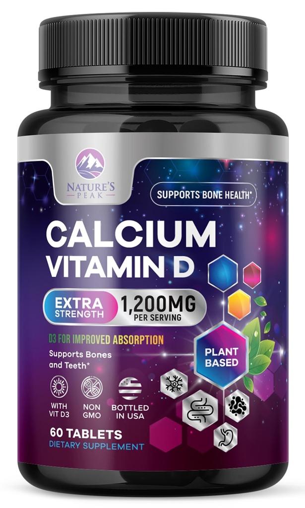 Calcium 1200 mg par portion avec vitamine D3 - Supplément santé osseux, Suppléments vitamine D et calcium pour les femmes et les hommes - Soutien osseux, dents et immunitaires, pilules de calcium de la nature, embouteillés États-Unis - 60 comprimés