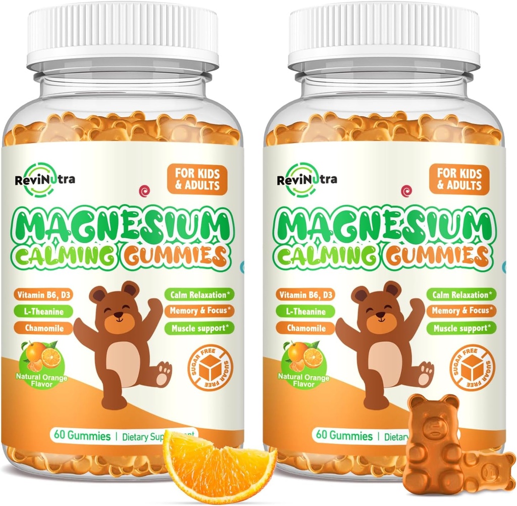 Magnesiumgummis für Kinder - Magnesium Glycinate Gummies Supplement mit L-Theanin, Vitamin B6, D3 für Erwachsene & Kinder, ruhiges Magnesium für Schlaf, Entspannung, Gehirn, Knochen,Sugar Free Orange 120ct