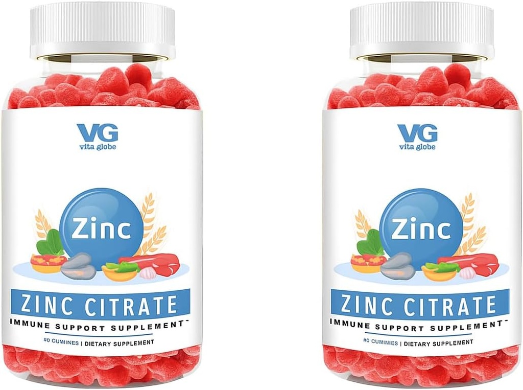 VITA GLOBE Zinc Citrate Gummies – Supplément quotidien de 50 mg de zinc : système immunitaire et soutien de la santé de la peau.