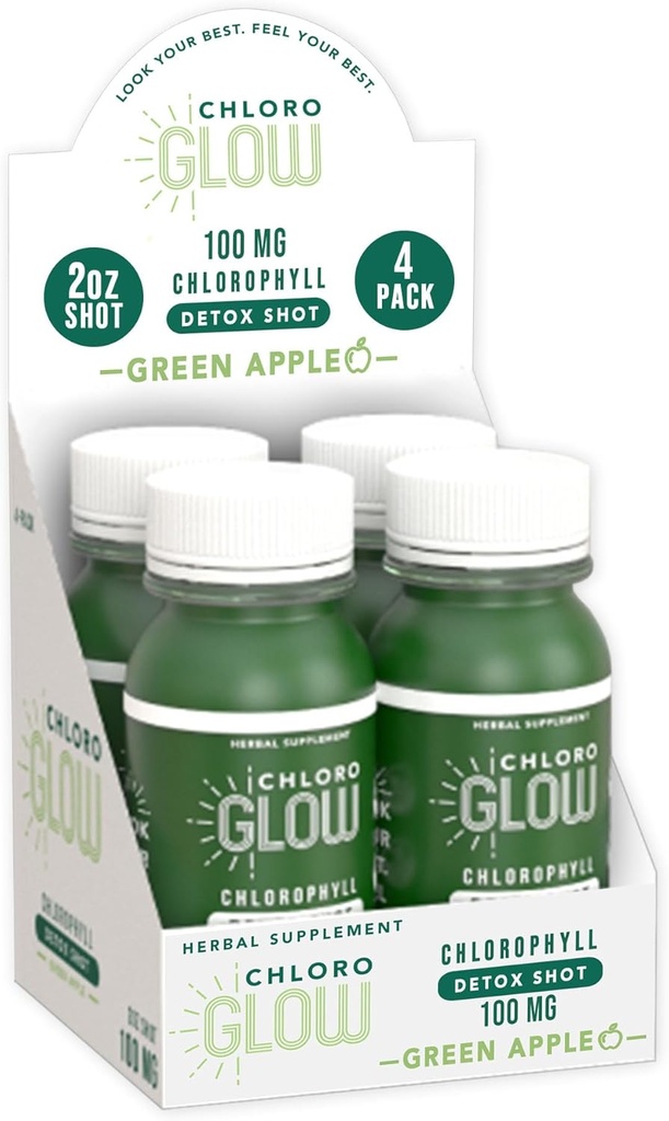 Chloroglow Chlorophyll Shots – Bio-Pflanzenbasiertes grünes Apfelgetränk für Immununterstützung und Körperreinigung – Natürliche Ergänzung (4 Packung)