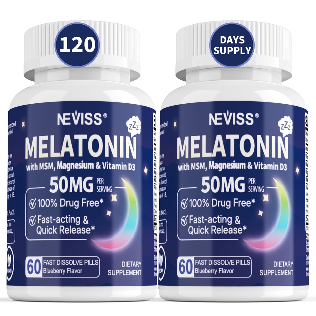 NEVISS Mélatonine 50 mg pour les adultes - Extra Strength 9-en-1 Dissolve rapide Sublingual - Dose élevée avec Glycinat de magnésium, Vitamine D3, Ashwagandha, Lemon Baume, Camomille, Sans sucre, Vegan 120 Comprimés