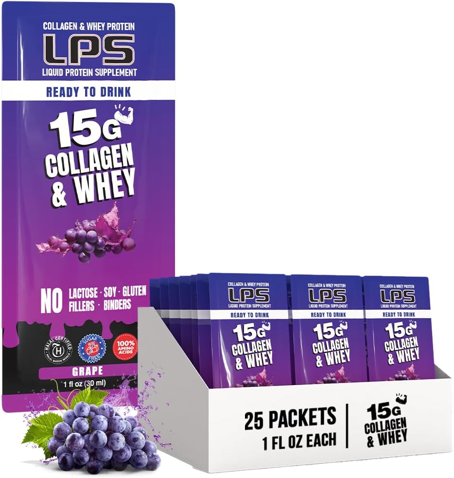 Ernährungsdesigns LPS Liquid Collagen & Whey Protein Supplement - Non-GMO Drink, Sugar-Free - fördert gesunde Haut und Haar für Männer & Frauen, Trauben, Single Serve (25 Packungen)