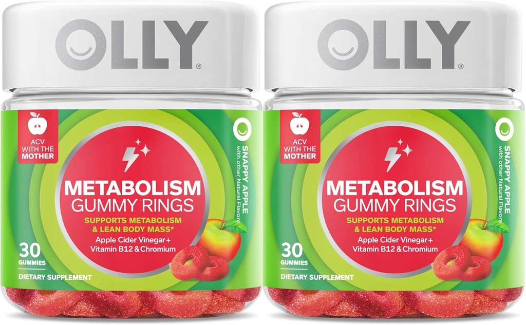 Métabolisme OLLY Anneaux gommy, vinaigre de cidre de pomme, vitamine B12, chrome, énergie et santé digestive, supplément à croquer, saveur de pomme, conditionnement jumelé - 60 Compte