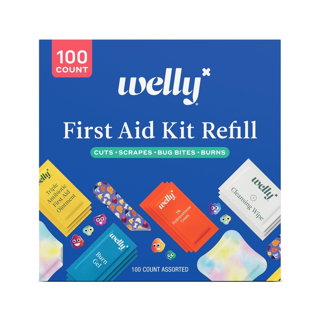 Welly First Aid Kit Refill Carton | Includes Individual Bandages, Cleansing Wipes, Antibiotic Packets, Burn Gel, Hydrocortisone Cream, and Bug Bite Relief Patches | 100 ct