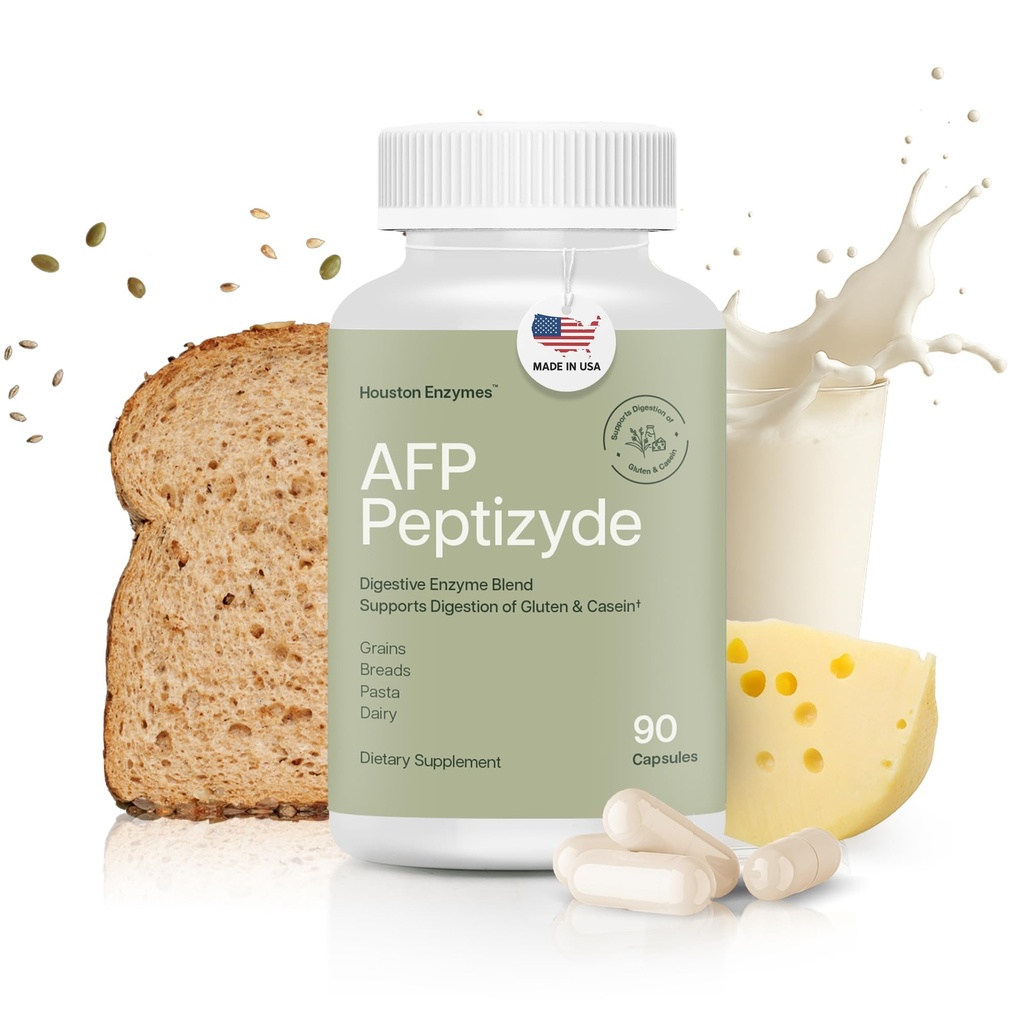 Houston Enzymes AFP Peptizyde - Verdauungsenzym-Kombination für Protein, Casein & Gluten Proteine - Verdauungsenzyme für Frauen und Männer (90 Kapseln)