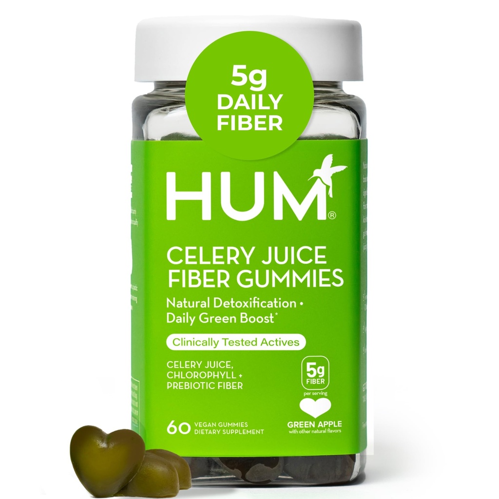 HUM Celery Juice Fibre Gommies pour adultes, premier jus de celery prébiotique Gommy, supplément sans gluten de fibre supporte la désintoxication, la santé de Gut, les Gommies verts, la chlorophylle et la fibre prébiotique, 60 comte