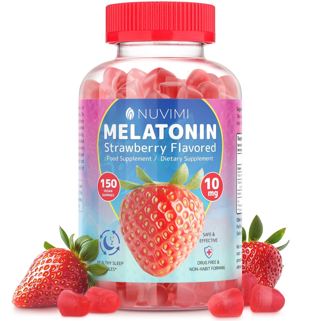 Mélatonine Gommies - 10 mg de supplément alimentaire alimentaire aromatisé aux fraises pour aider à soutenir le sommeil - 150 Gommies végétaliens