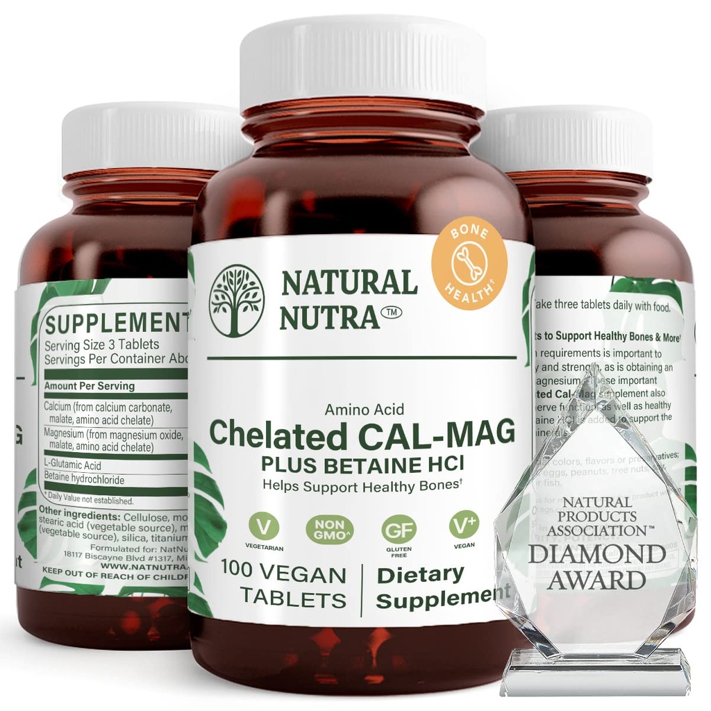 Natürliche Nutra Chelat Calcium Magnesium 1000/500 mg Ergänzungen Plus Betaine HCL - Chelat Cal Mag verbessert Knochendichte, unterstützt Muskel, Zähne, Herz-Kreislauf- & Nerve Gesundheit, 100 Vegan Tabletten