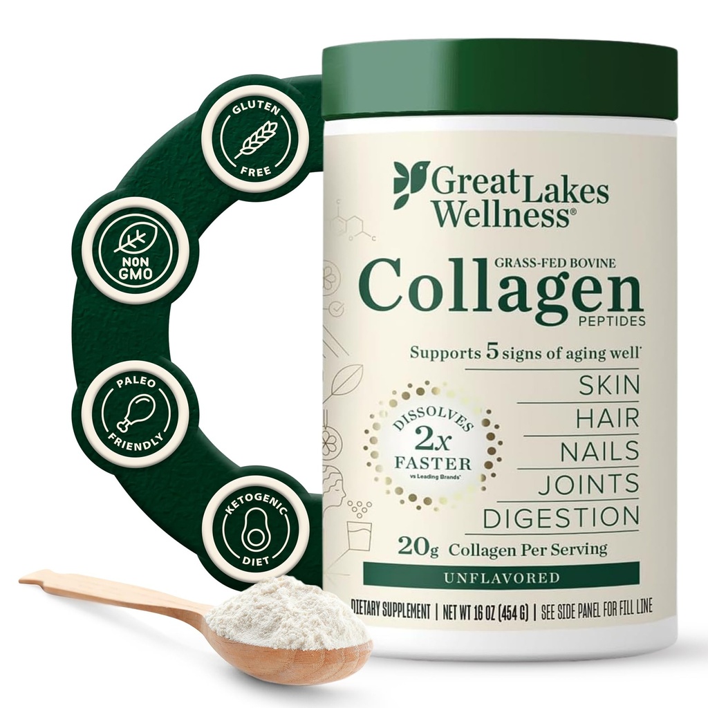 Great Lakes Wellness Collagen Peptides Poudre pour la peau, les cheveux, les ongles, les articulations et la digestion - Non aromatisé - Dissoudre rapidement Hydrolysé, non-OGM, Keto, Kosher - 16oz