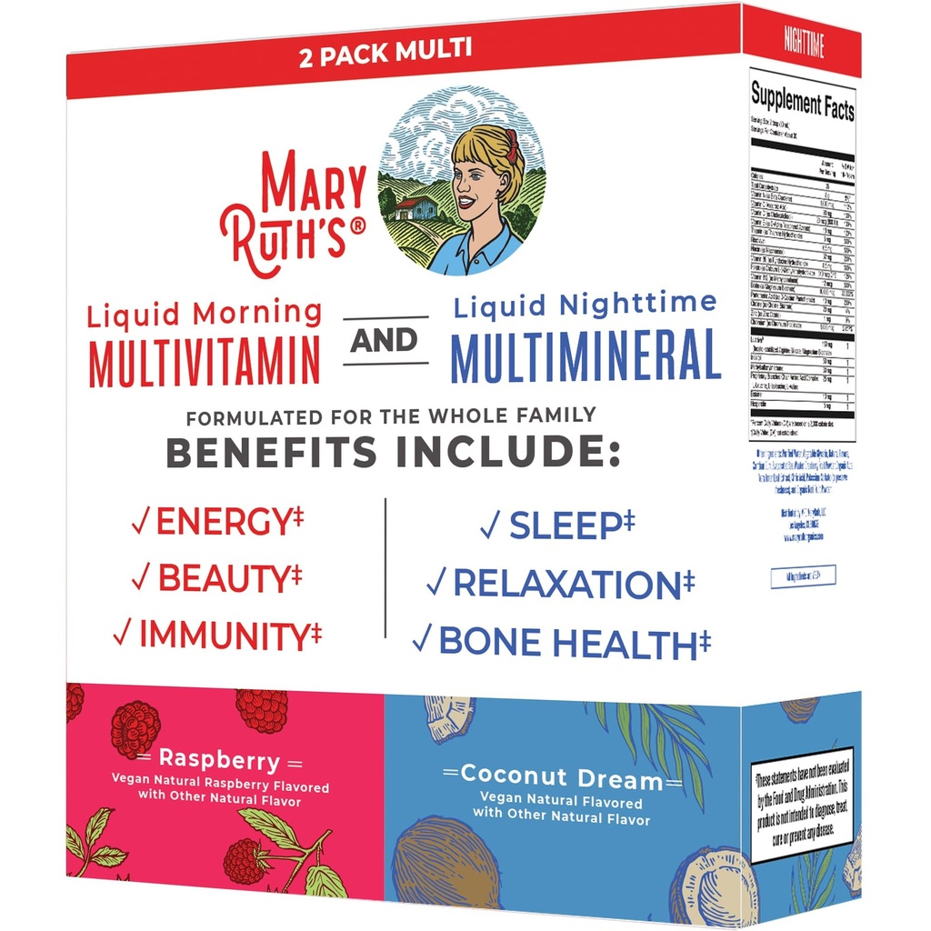 MaryRuth Organics Liquid Morning Multivitamin & Liquid Nighttime Multiminéral Bundle, Vitamine C végétalienne, Vitamine D, Complexe B, Magnésium, Énergie, Beauté, Soutien au sommeil, NO Mélatonine, 32 Fl Oz Chaque
