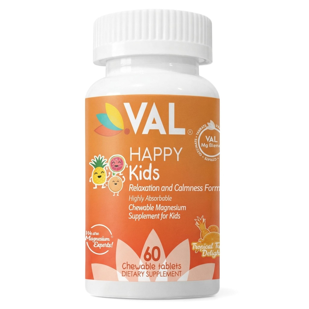 Magnésium VAL pour les enfants de haute absorption Magnésium pour calme, relaxation et focus de Mg Glycinate, Citrate et Taurate de vitamine B6, D & C de D & C de 60 comprimés à croquer