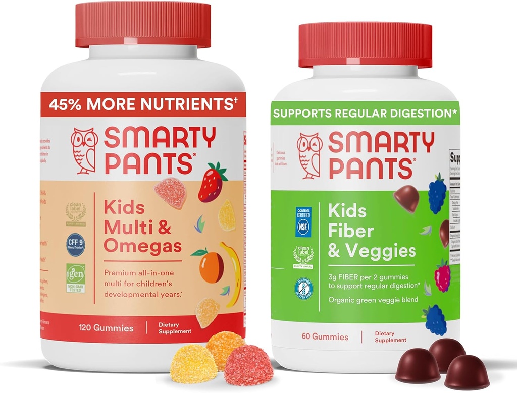 SmartyPants Kids Multivitamin + Fiber & Veggie Bundle: Omega 3 Fish Oil, Prebiotic Fiber, Gluten-Free, Drei Obst- und Mischbeeren Flavors, Multi & Omegas (120 Count) + Fiber & Veggies (60 Count)
