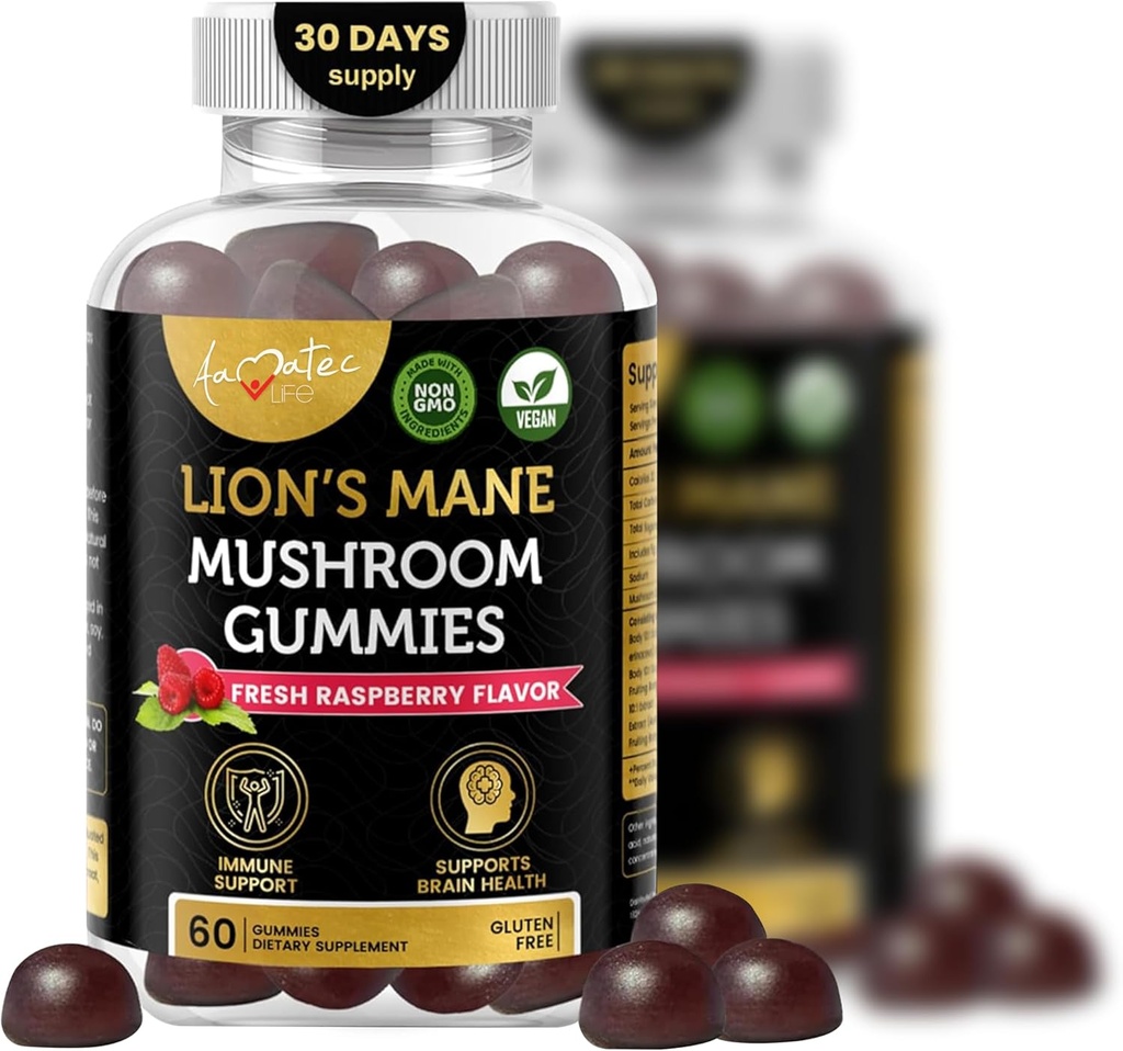 Aamatec Life Mushroom Gummi für Erwachsene | 10 Pilz-Komplex mit Lions Mane Reishi Chaga & Cordyceps Mushroom | Gehirn, Immun- & Energie-Unterstützung | Raspberry Flavor