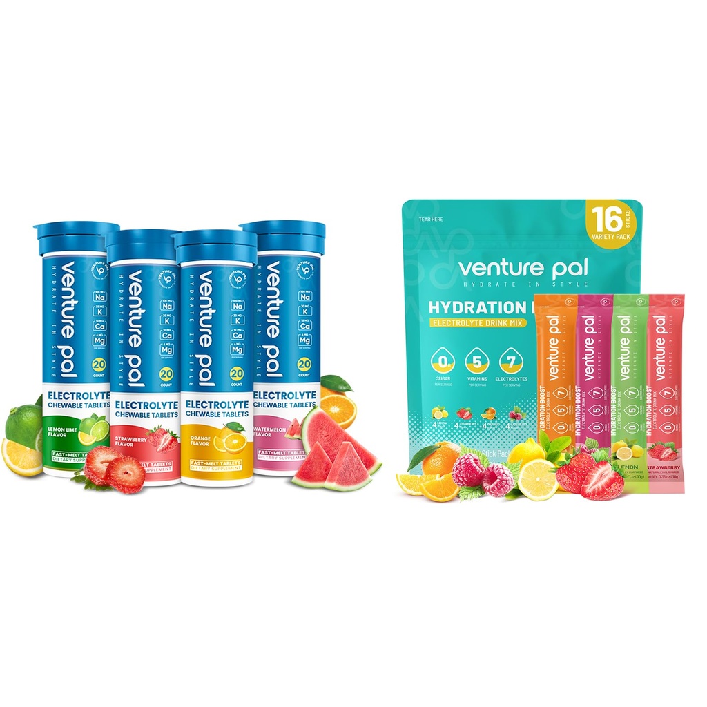 Venture Pal Sugar Free Electrolyte Powder Packets & Chewable Fast-Melt Elektrolyt Tablets, Sport-Elektrolyt zum Laufen Wandern Radfahren Sporternährung