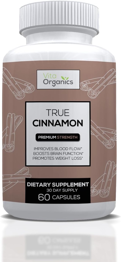 True Cinnamon Supplement, Sri Lanka Organic Ceylon Cinnamon Kapseln, True Cinnamon Verum Bark, Sugar-Free - 60 Veggie Kapseln