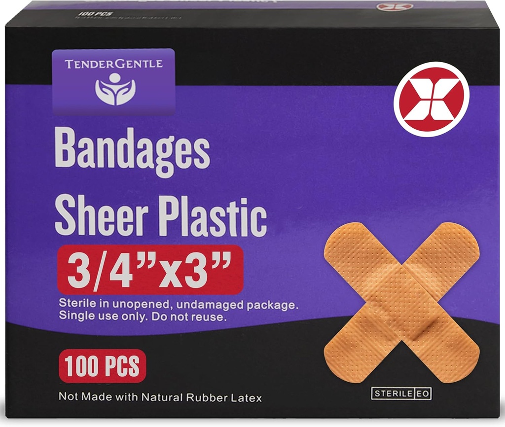Klebebandage - Box von 100 3/4" Flexible Sheer Plastic Bandages für Schnitte, Scrapes, Burns - Latexfrei, sterile Small Bandages