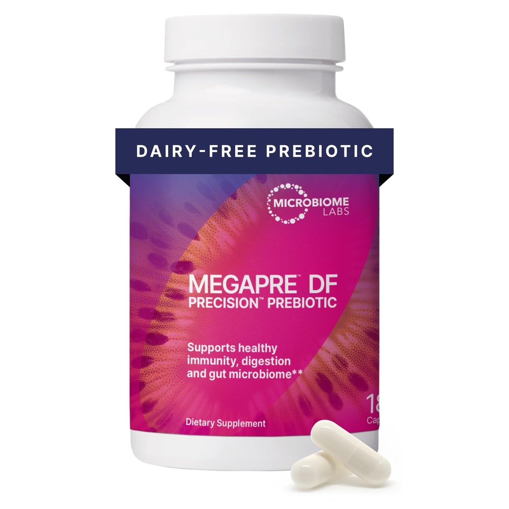Microbiome Labs MegaPre DF - Supplément de fibre prébiotique sans lait - Prébiotiques pour la santé des femmes, des hommes et des enfants 3+ - Soutien à la diversité microbienne (180 capsules)