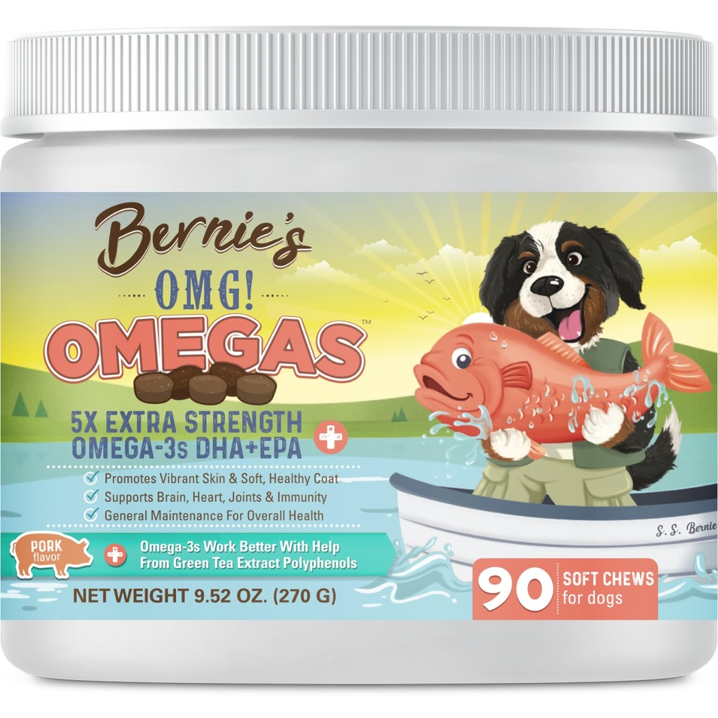 Bernie's OMG ! Omega Chews pour chiens - 5X Extra Strength DHA+EPA, huile de poisson, peau saine et manteau, anti-allergie, supplément articulaire (Pork Flavor)