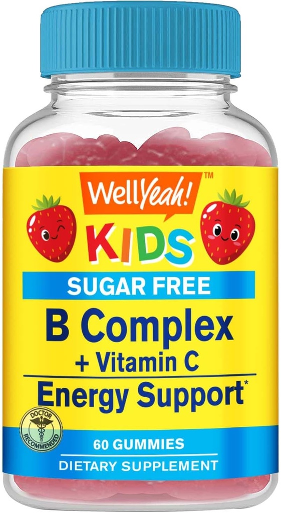 WellJa Kinder Vitamin B Complex Sugar Free Gummies | mit Vitamin C, Folsäure | Immun- und Energieunterstützung | Erdbeeren Geschmack | 60 Zähler