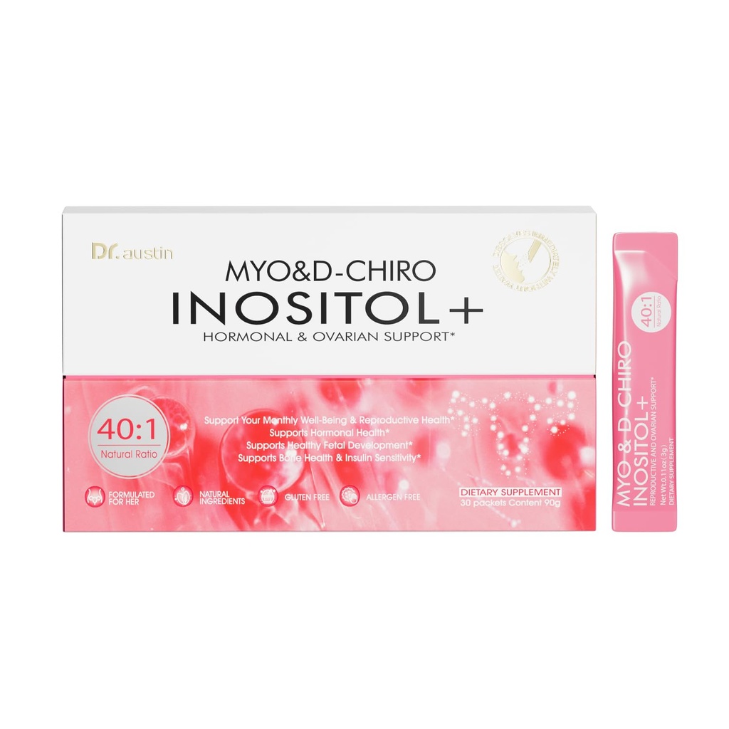DR.Austin Myo & D-Chiro Inositol Powder Supplement for Women, 40:1 Ratio for Hormone Balance, PCOS Support & Fertility with PQQ, Folate & Antioxidants, 30 Sticks(Sugar-Free, Easy Dissolve)